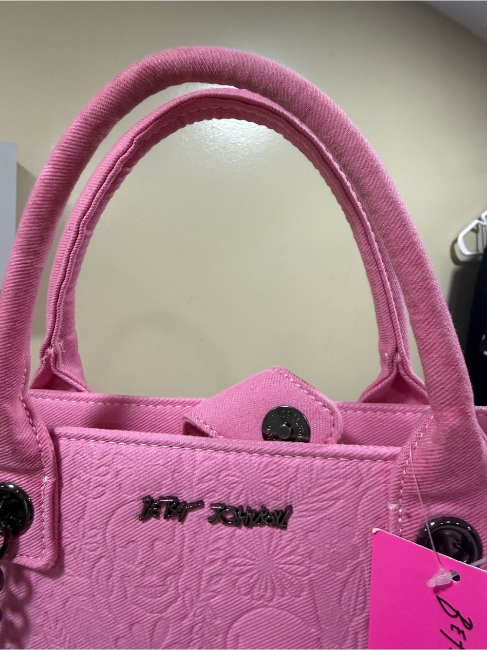 Betsey Johnson Pink Embossed Tote with Chain-Accent Straps - Picture 11 of 14